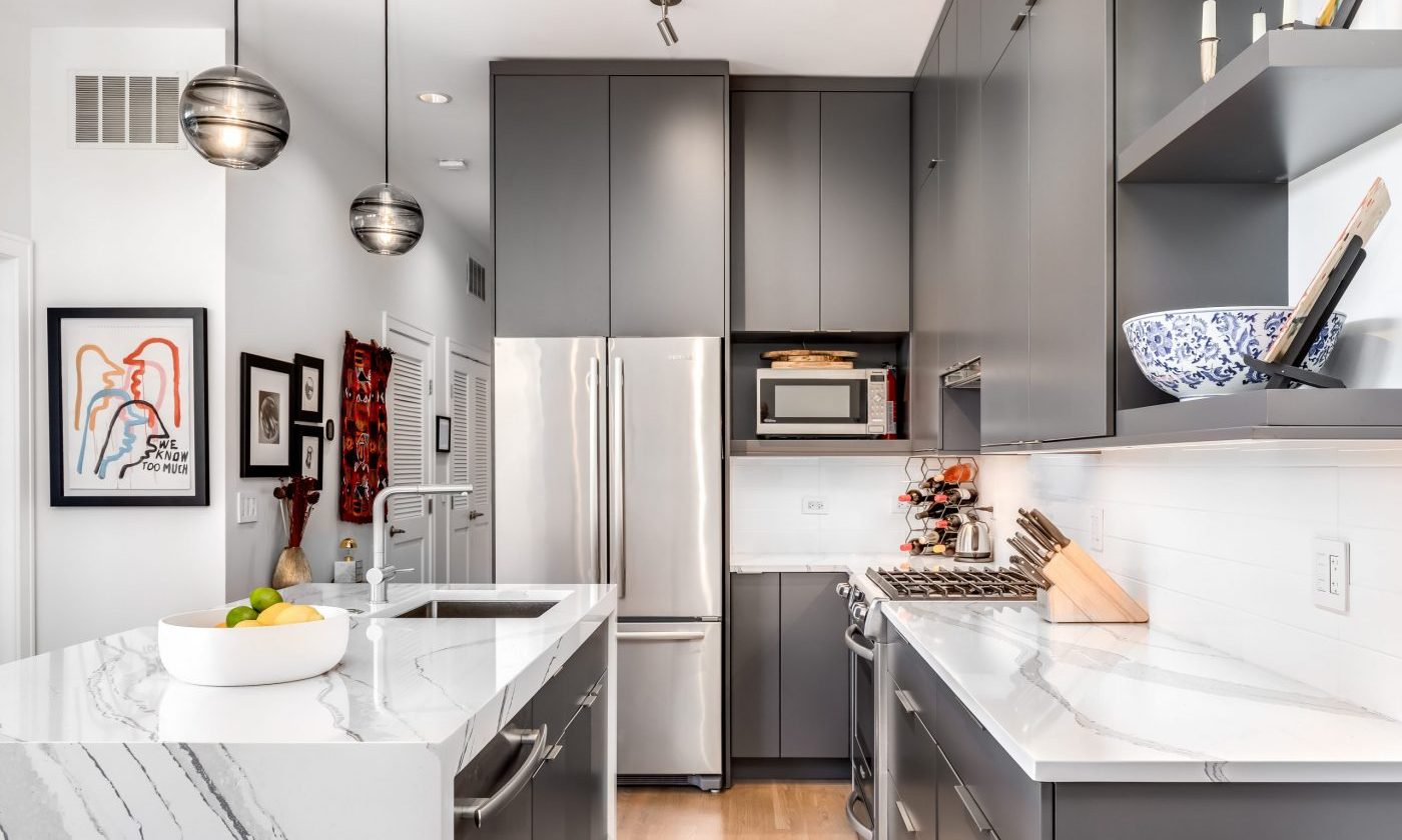 Gray cabinets in a modern kitchen